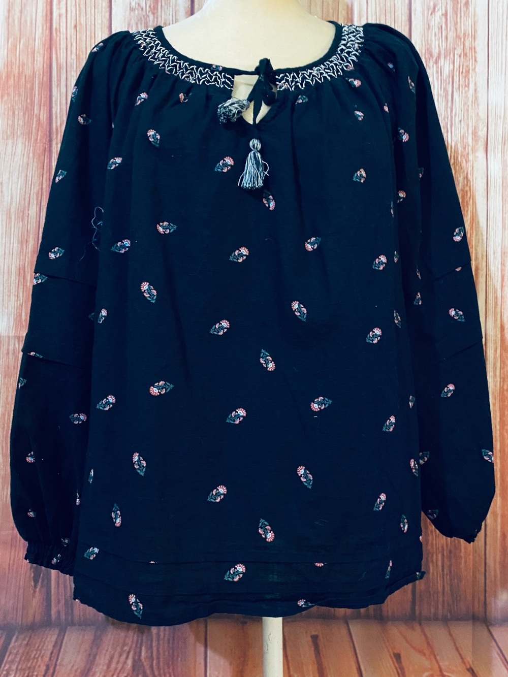 Women’s XL Boho Tassel Peasant Blouse Black Floral 3/4 Sleeves Old Navy Cotton